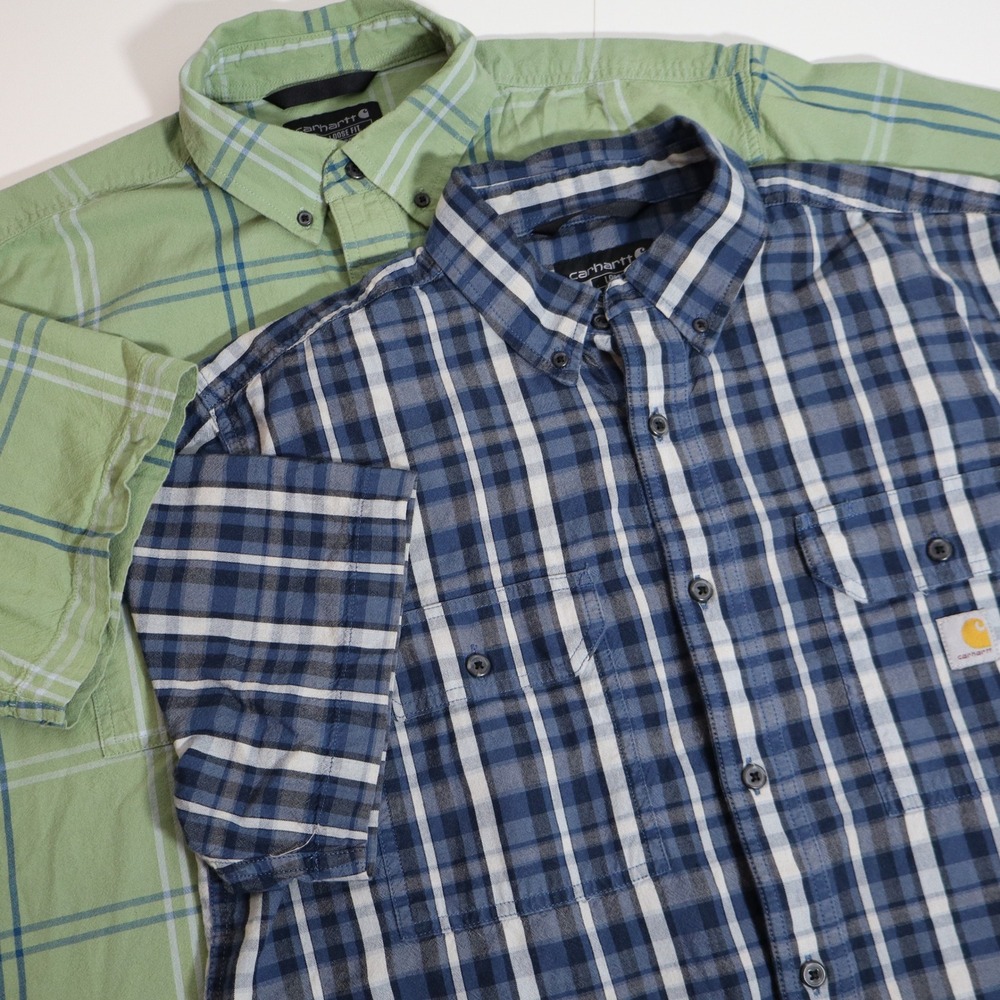 Carhartt Button Down Shirt Mens L Green Blue Plaid Loose Fit 2 Pack TW4625-M